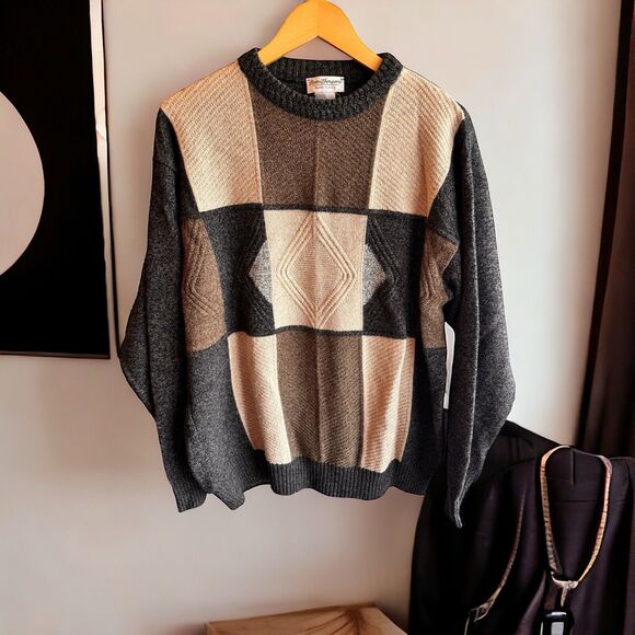 Vintage 90's Norm Thompson Geometric Merino Wool Crew Sweater Mens Large Brown - Picture 1 of 5